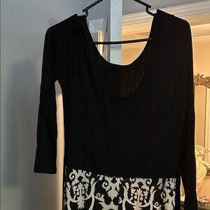 Black Long-Sleeve Scoop Neck Dress with Printed Skirt